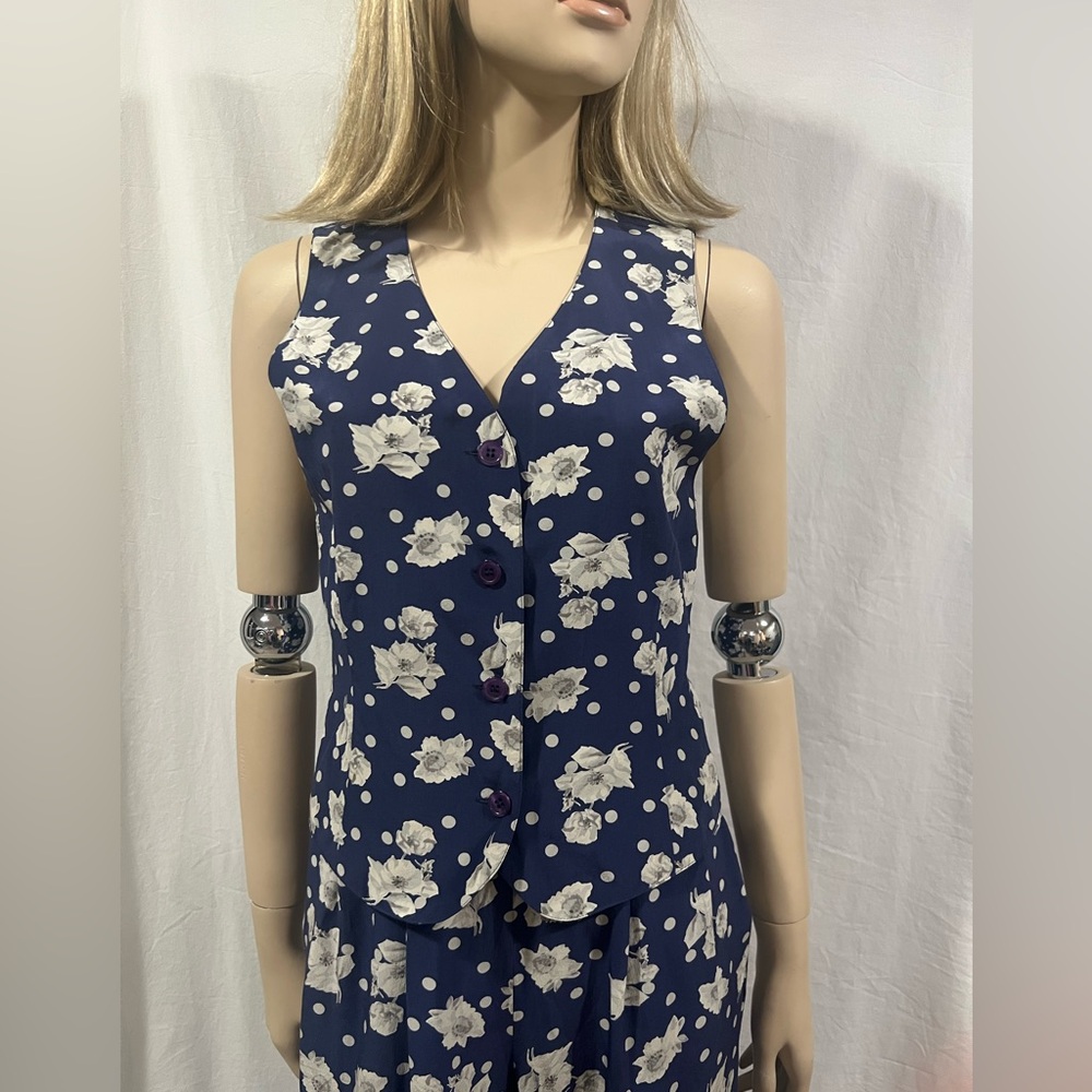 Vintage silk 2 piece Floral Navy set 4 - Picture 2 of 10